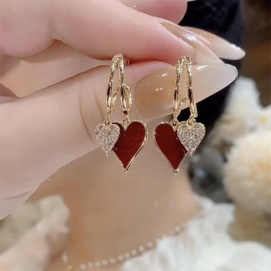 Women's Simple Temperament Red Love Heart Earrings.