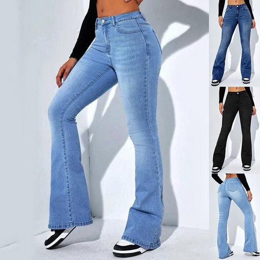 Women's Slim-fit Jeans Pants With Flared Design Fashion Casual High Waist Stretch Trousers.