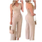Women's Solid Color Slim Elastic Pleated Two-Piece Suit Sexy Spaghetti Strap V-neck Backless Vest High Waist Wide Leg Pants Suit.