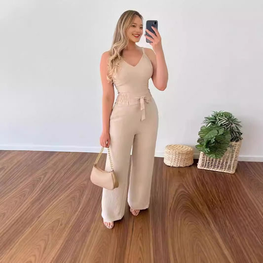 Women's Solid Color Slim Elastic Pleated Two-Piece Suit Sexy Spaghetti Strap V-neck Backless Vest High Waist Wide Leg Pants Suit.