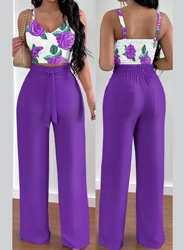 Women's Solid Color Slim Elastic Pleated Two-Piece Suit Sexy Spaghetti Strap V-neck Backless Vest High Waist Wide Leg Pants Suit.