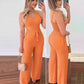 Women's Solid Color Slim Elastic Pleated Two-Piece Suit Sexy Spaghetti Strap V-neck Backless Vest High Waist Wide Leg Pants Suit.