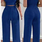 Women's Solid Color Slim Elastic Pleated Two-Piece Suit Sexy Spaghetti Strap V-neck Backless Vest High Waist Wide Leg Pants Suit.