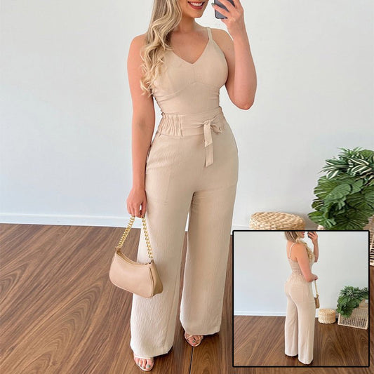 Women's Solid Color Slim Elastic Pleated Two-Piece Suit Sexy Spaghetti Strap V-neck Backless Vest High Waist Wide Leg Pants Suit.