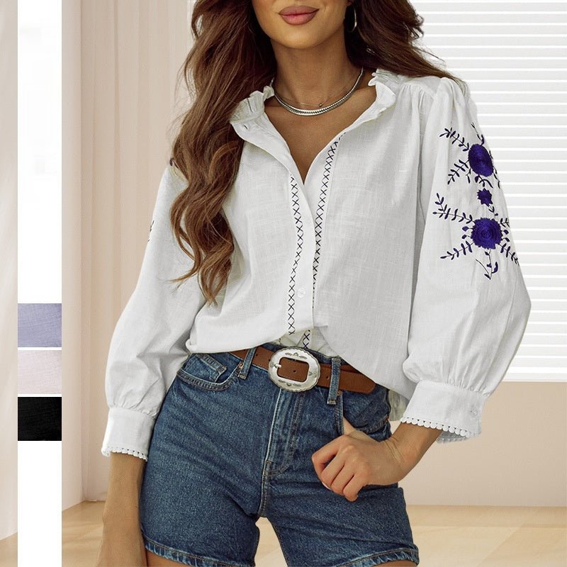 Women's Vintage Floral Embroidered Long-sleeved Shirt.